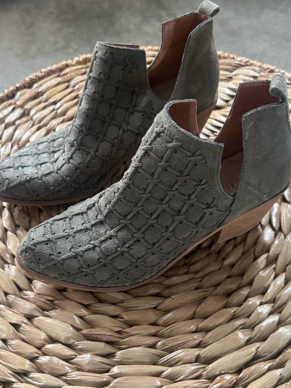 Mi.iM Olive Green Suede Cutout Ankle Booties with Woven Stitching
